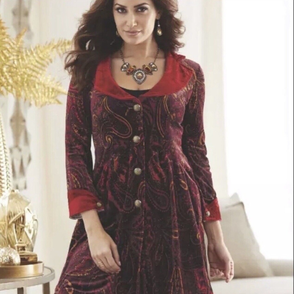 Monroe & Main Women’s Jacket Plus 3X Rich Deep Red Velvet Paisley Long Holiday